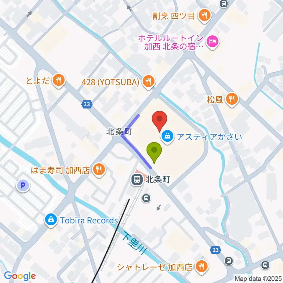 ねひめホール（加西市地域交流センター）の最寄駅北条町駅からの徒歩ルート（約1分）地図