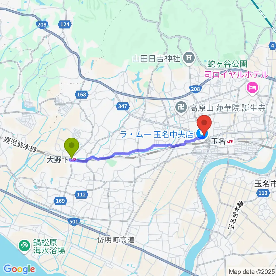 大野下駅から大谷楽器店 玉名教室へのルートマップ地図