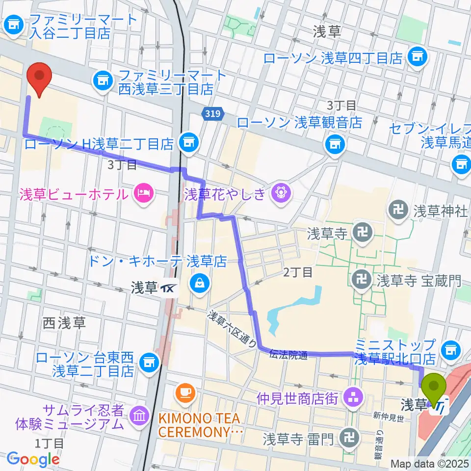 浅草駅から台東区生涯学習センターへのルートマップ地図