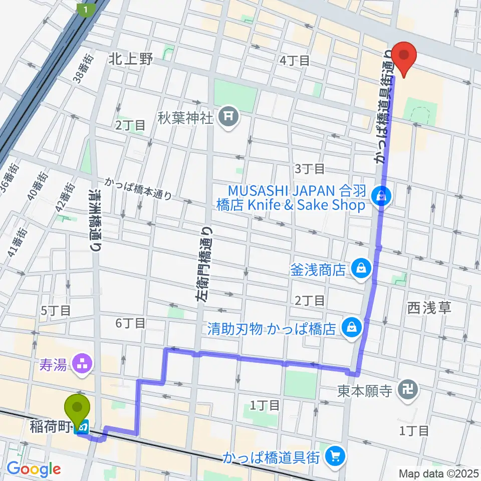 稲荷町駅から台東区生涯学習センターへのルートマップ地図