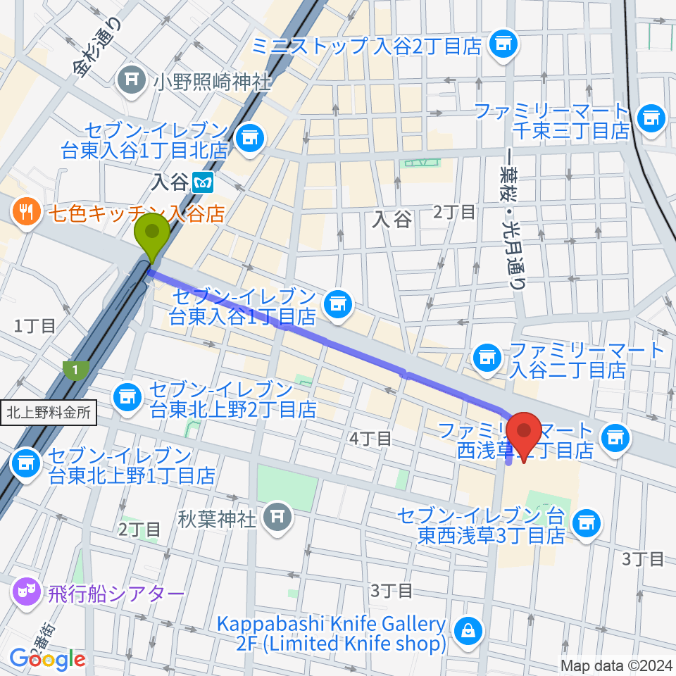 入谷駅から台東区生涯学習センター ミレニアムホールへのルートマップ Mdata