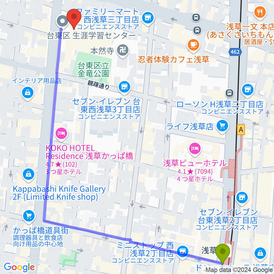 台東区生涯学習センター ミレニアムホールの最寄駅浅草駅からの徒歩ルート 約8分 Mdata