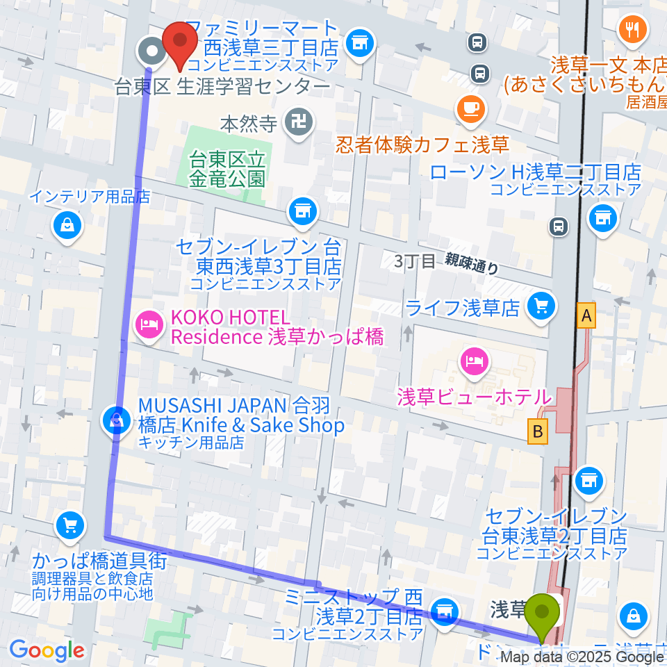 台東区生涯学習センターの最寄駅浅草駅からの徒歩ルート（約8分）地図