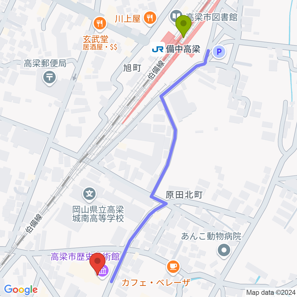 高梁市文化交流館の最寄駅備中高梁駅からの徒歩ルート（約7分）地図