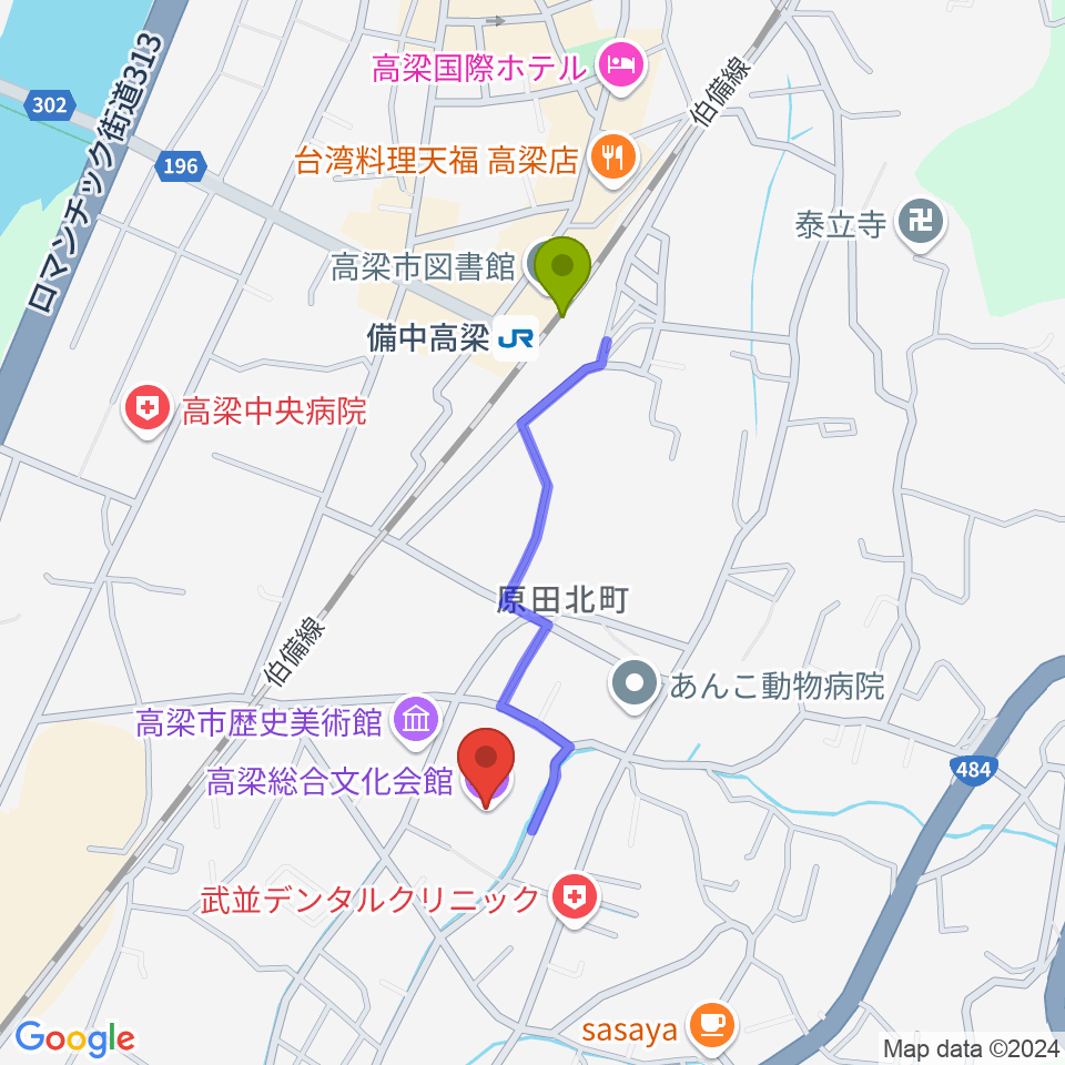 高梁総合文化会館の最寄駅備中高梁駅からの徒歩ルート（約7分）地図