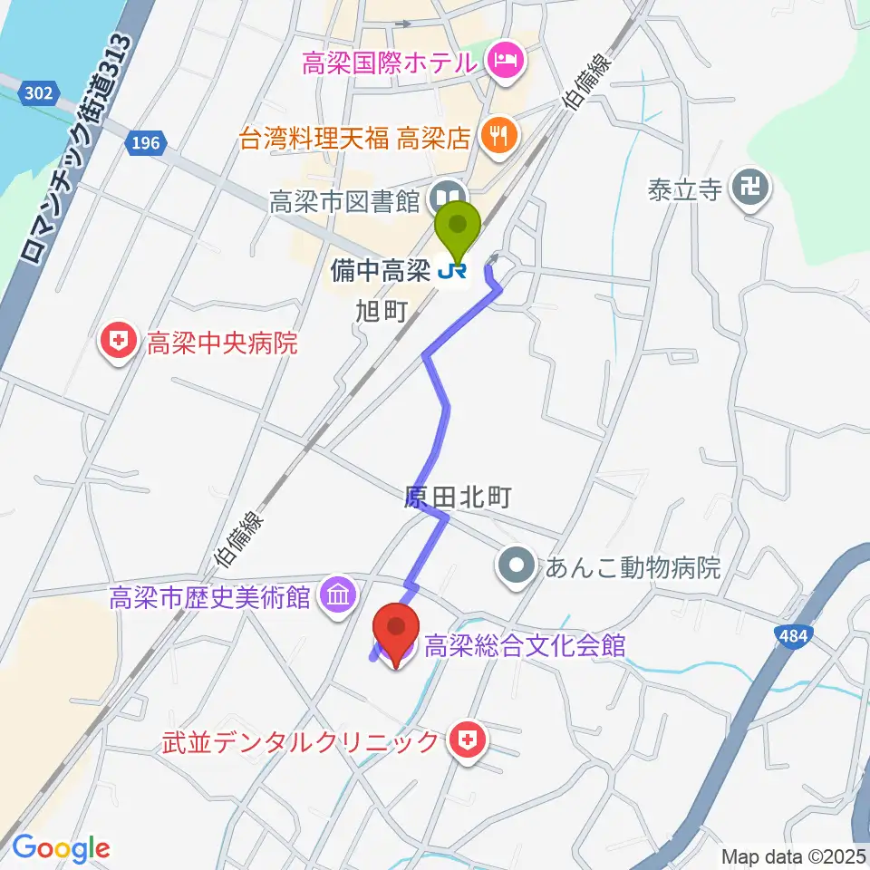 高梁総合文化会館の最寄駅備中高梁駅からの徒歩ルート（約7分）地図