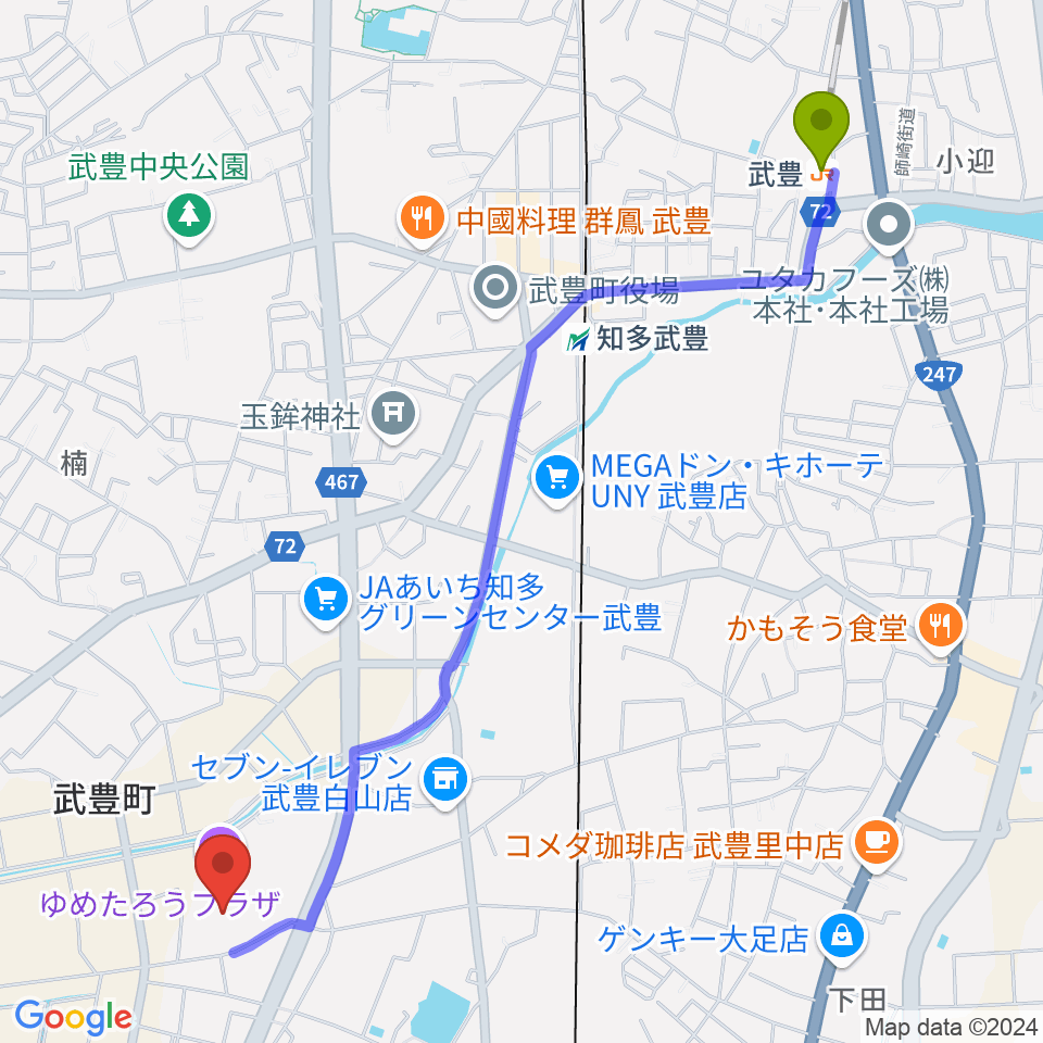 武豊駅からゆめたろうプラザ 武豊町民会館へのルートマップ地図