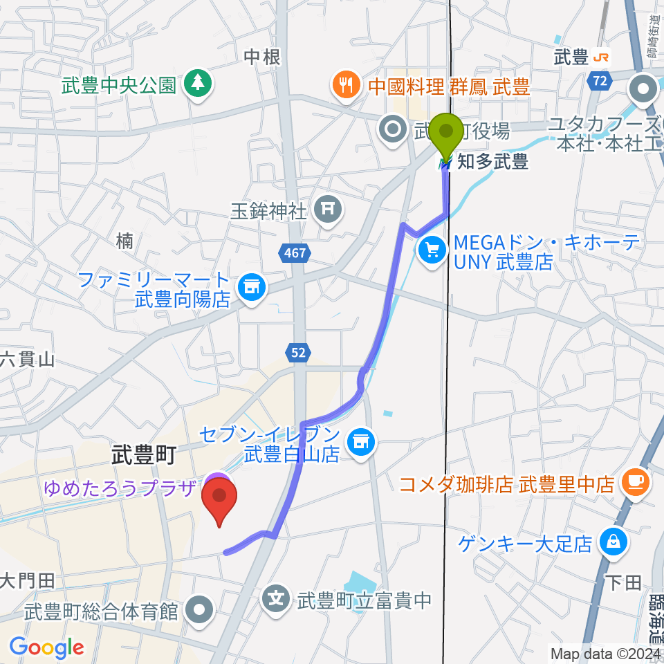 ゆめたろうプラザ 武豊町民会館の最寄駅知多武豊駅からの徒歩ルート（約20分）地図