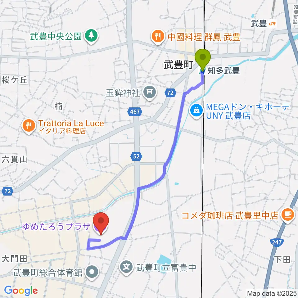 ゆめたろうプラザ 武豊町民会館の最寄駅知多武豊駅からの徒歩ルート（約20分）地図