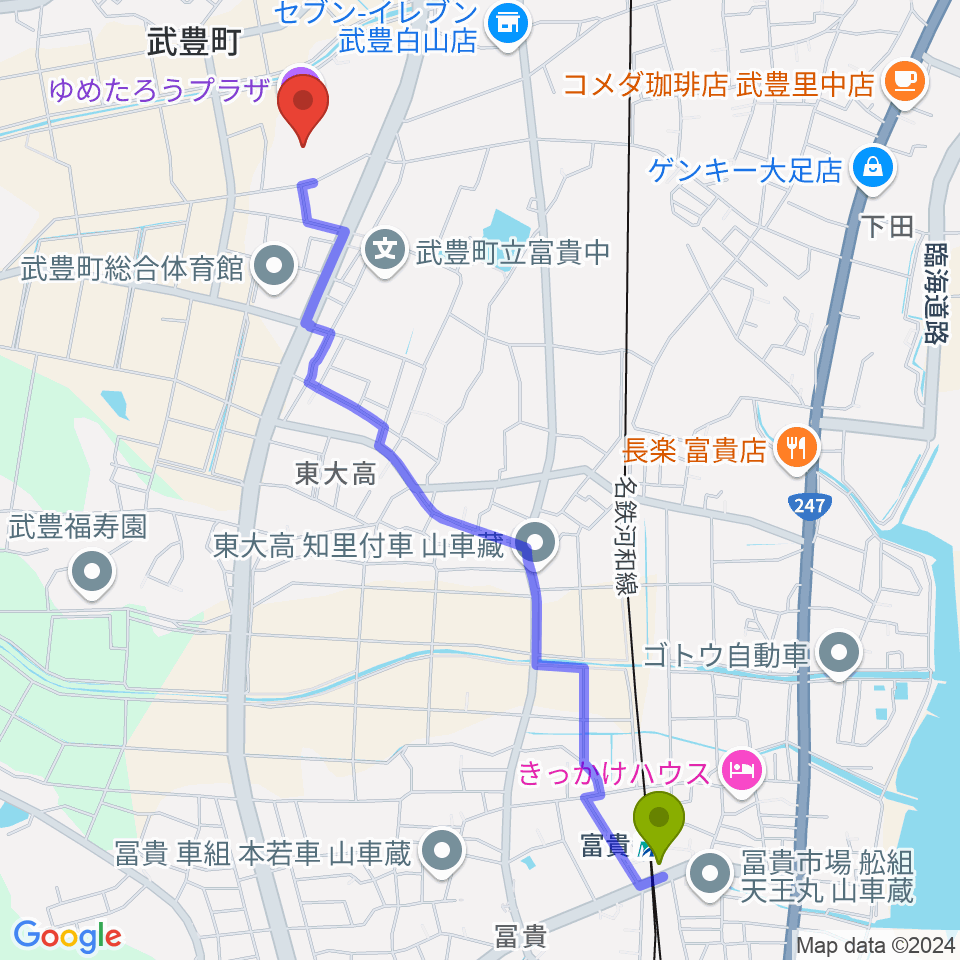 富貴駅からゆめたろうプラザ 武豊町民会館へのルートマップ地図