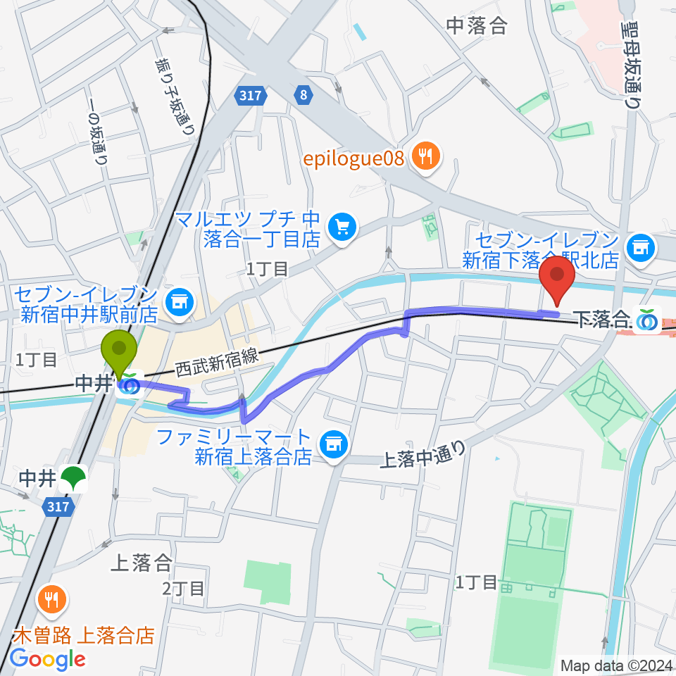 中井駅からTACCS1179へのルートマップ地図