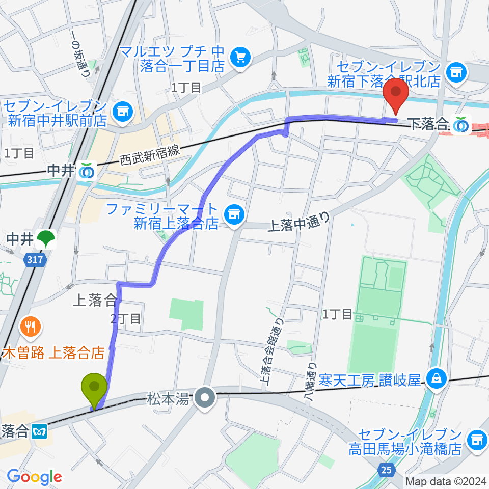 落合駅からTACCS1179へのルートマップ地図