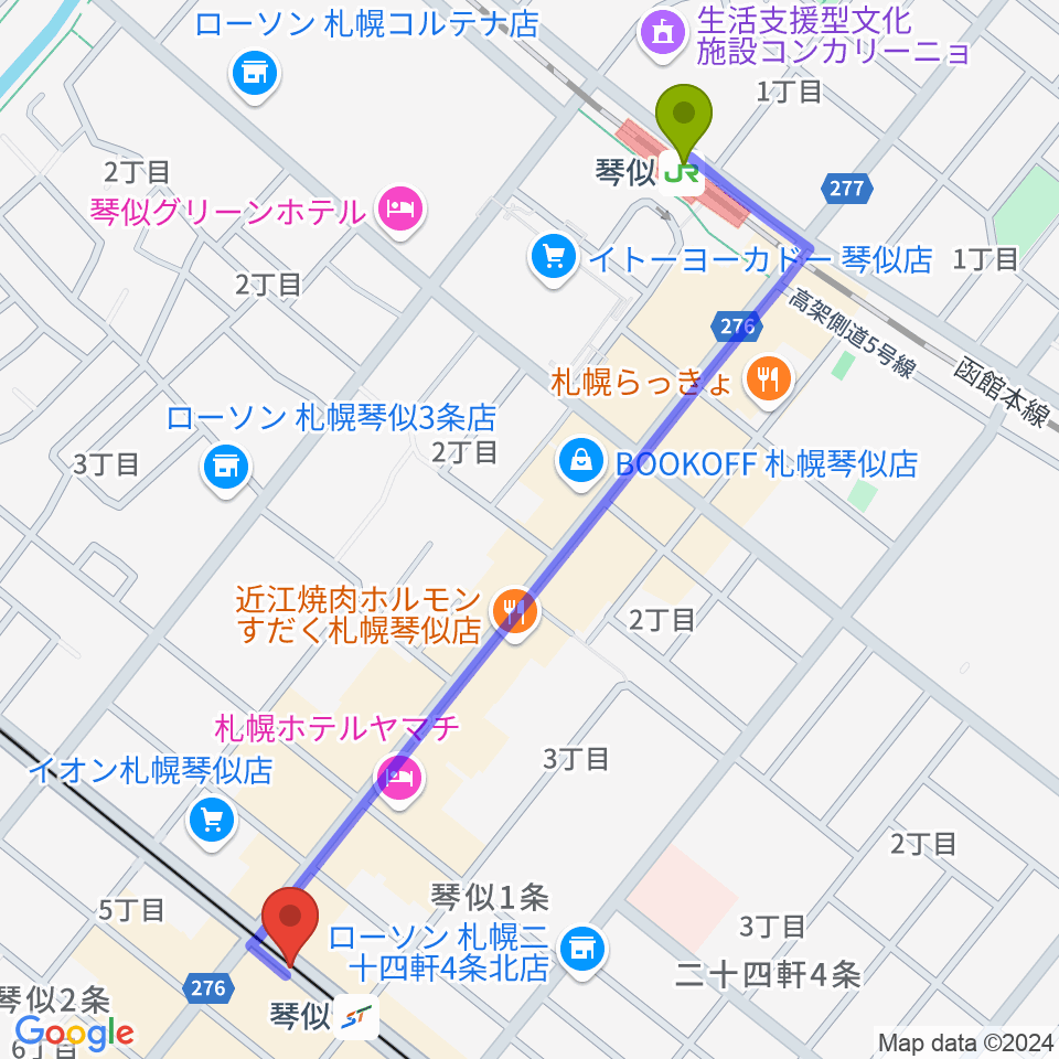 琴似駅からターミナルプラザことにパトスへのルートマップ地図