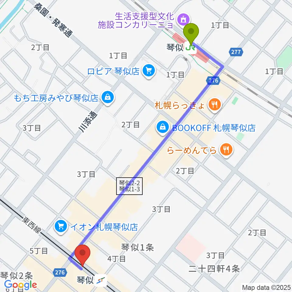 琴似駅からターミナルプラザことにパトスへのルートマップ地図