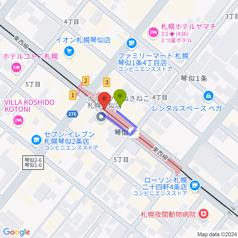 ターミナルプラザことにパトスの最寄駅琴似駅からの徒歩ルート（約0分）地図