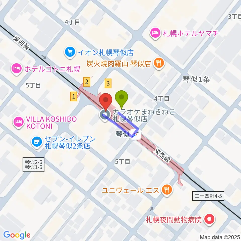 ターミナルプラザことにパトスの最寄駅琴似駅からの徒歩ルート（約0分）地図