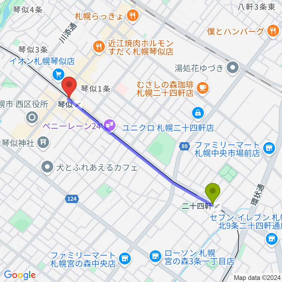 二十四軒駅からターミナルプラザことにパトスへのルートマップ地図