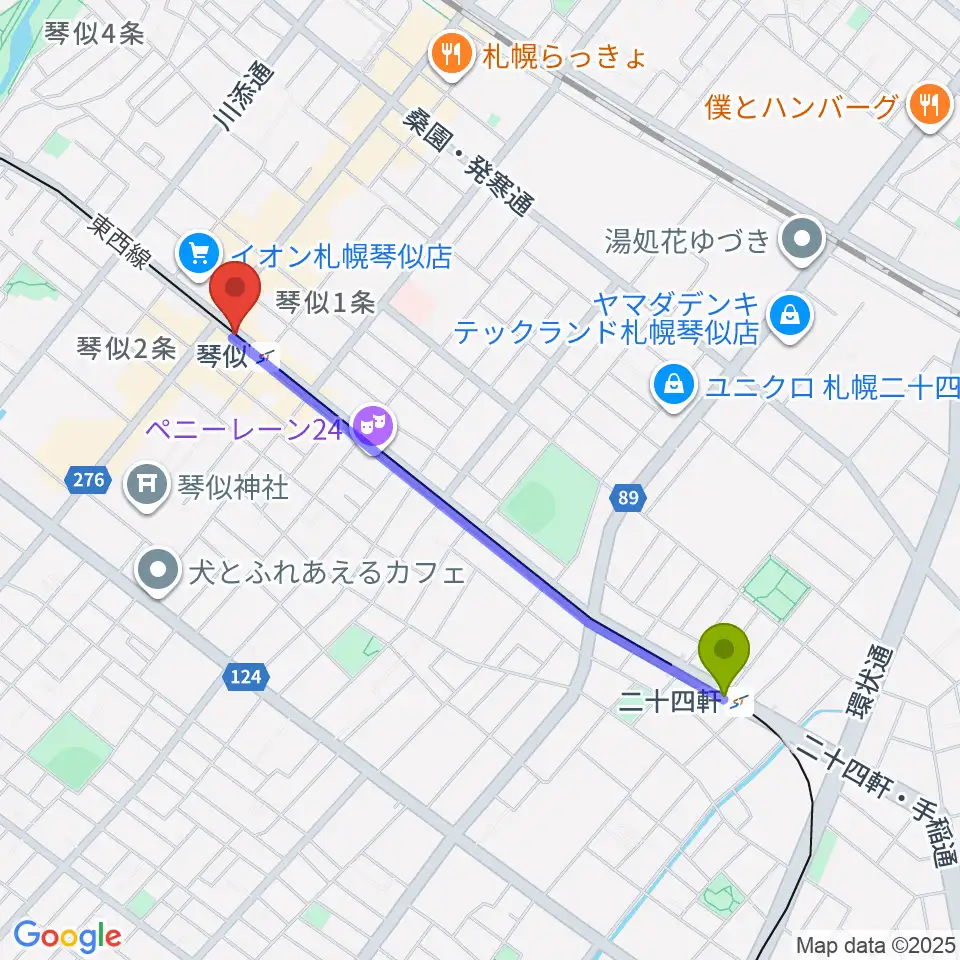 二十四軒駅からターミナルプラザことにパトスへのルートマップ地図