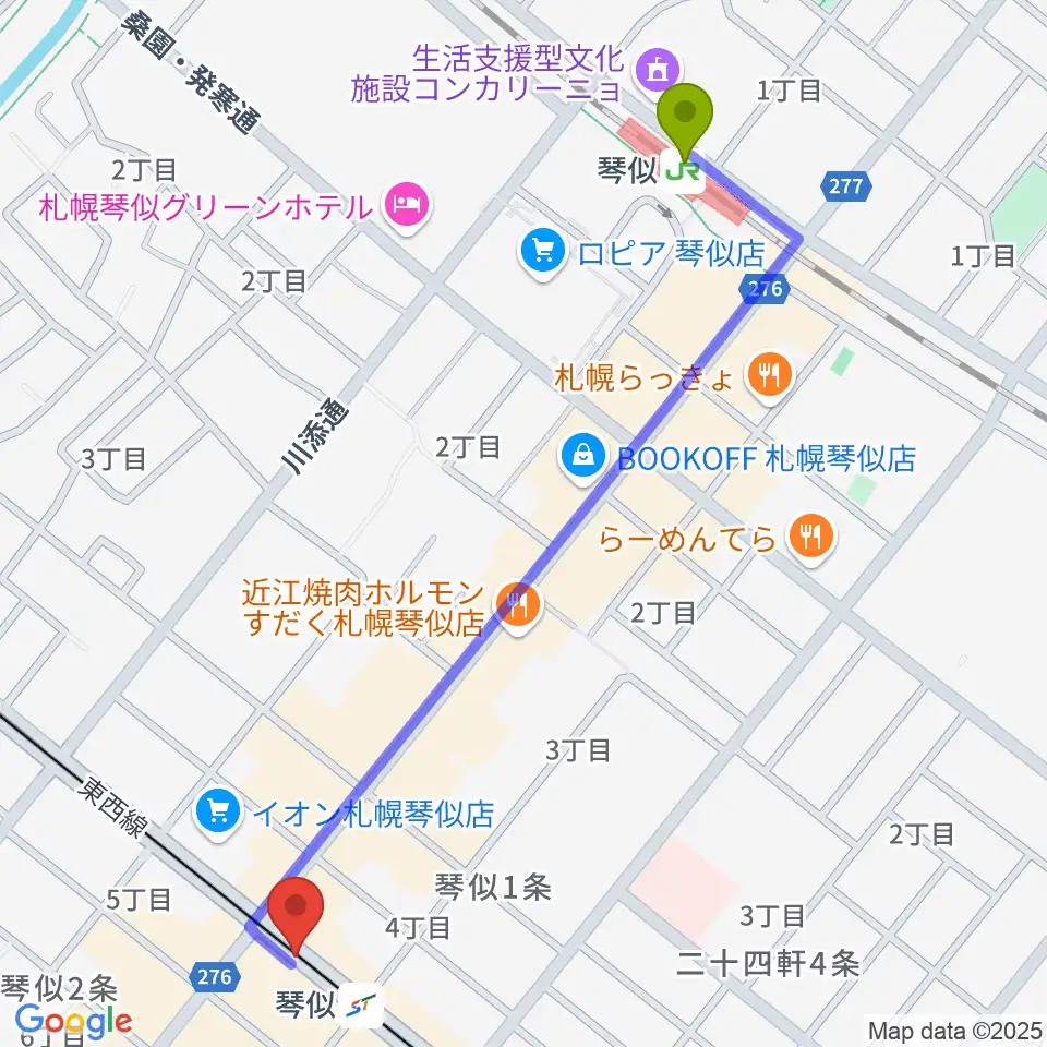 琴似駅からターミナルプラザことにパトスへのルートマップ地図