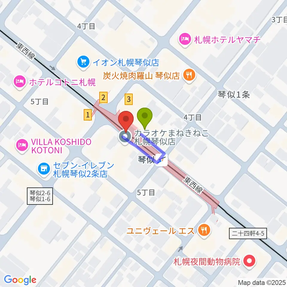 ターミナルプラザことにパトスの最寄駅琴似駅からの徒歩ルート（約0分）地図