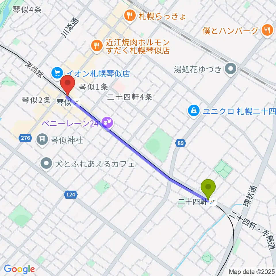 二十四軒駅からターミナルプラザことにパトスへのルートマップ地図