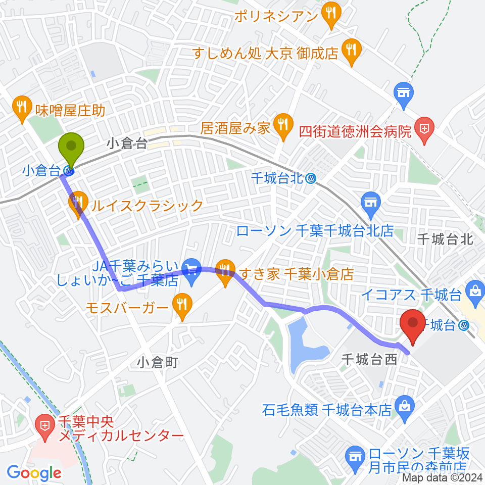 小倉台駅から千城台コミュニティセンターへのルートマップ地図
