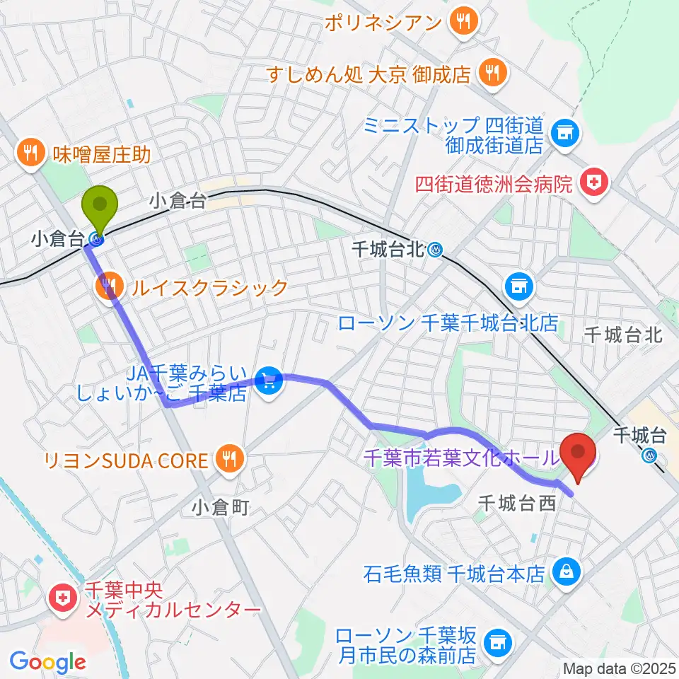 小倉台駅から千城台コミュニティセンターへのルートマップ地図
