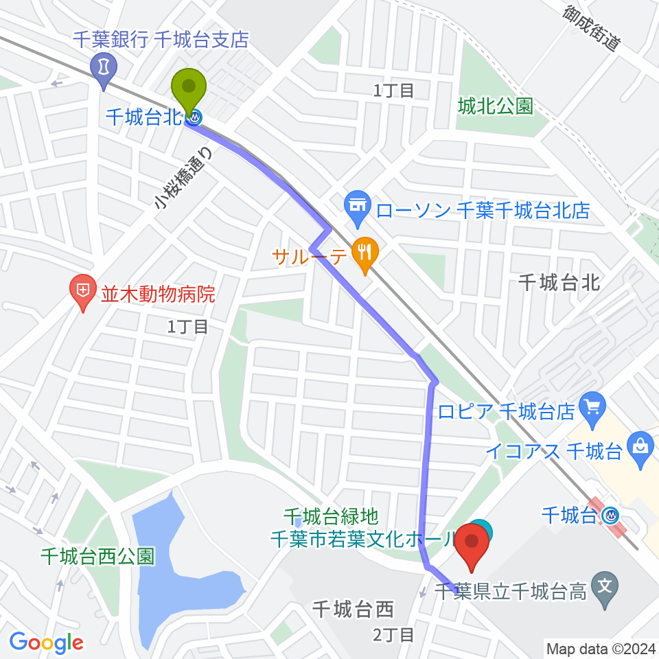 千城台北駅から千城台コミュニティセンターへのルートマップ地図