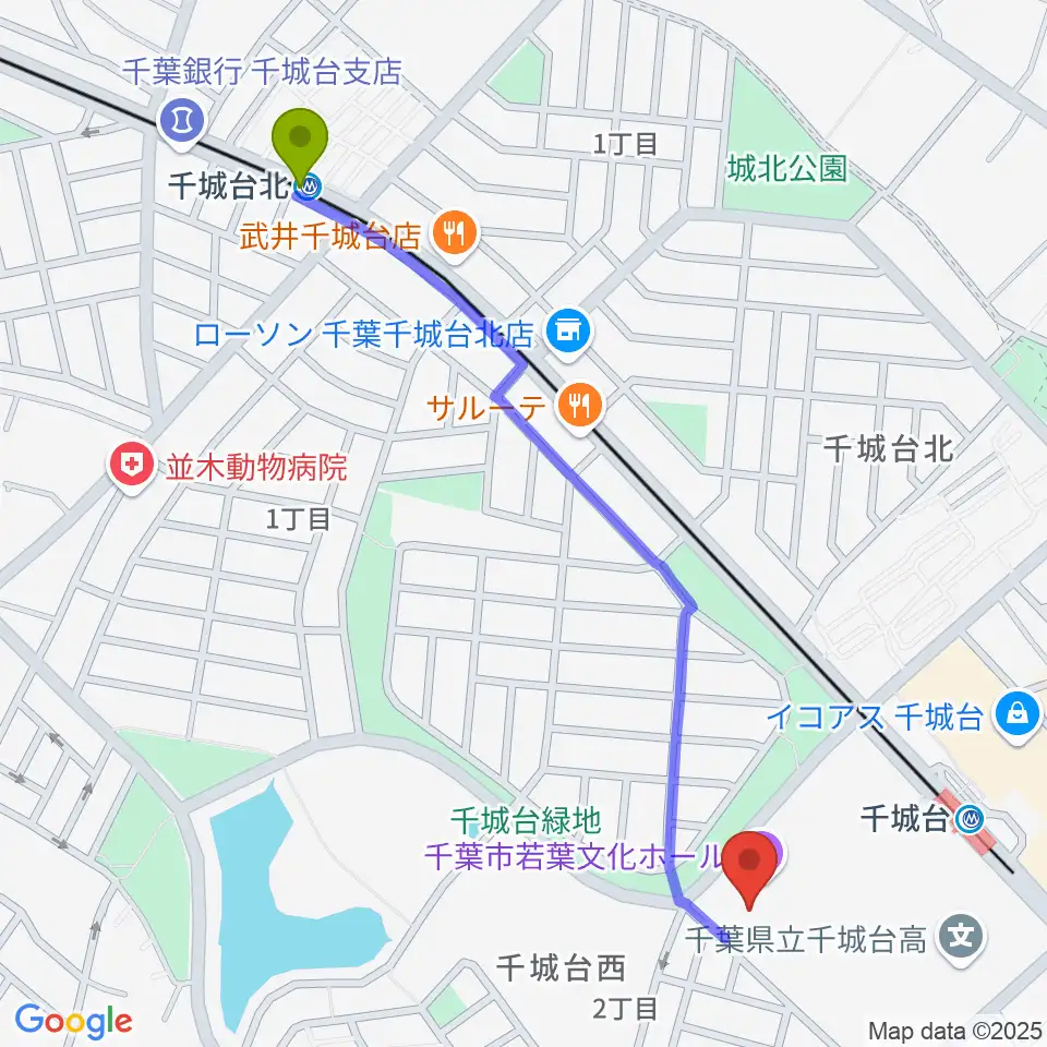 千城台北駅から千城台コミュニティセンターへのルートマップ地図