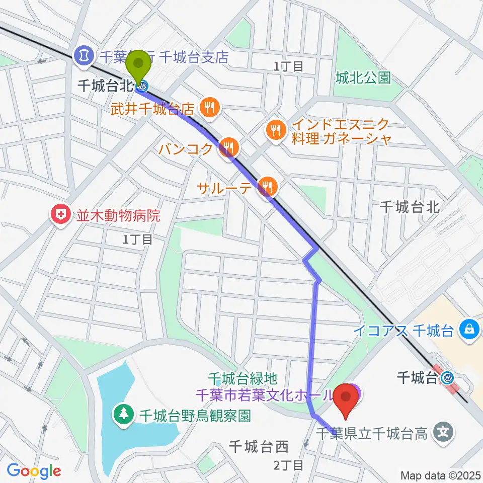 千城台北駅から千城台コミュニティセンターへのルートマップ地図