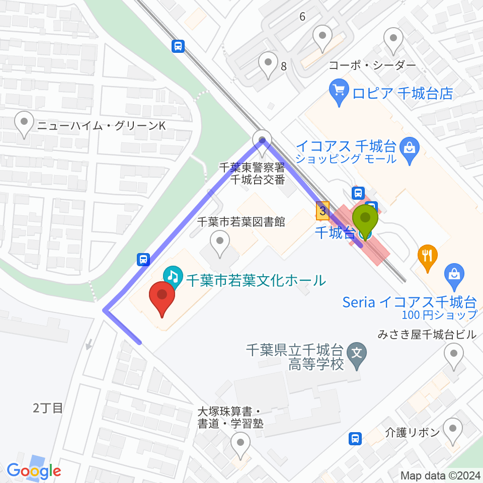 千城台コミュニティセンターの最寄駅千城台駅からの徒歩ルート（約4分）地図