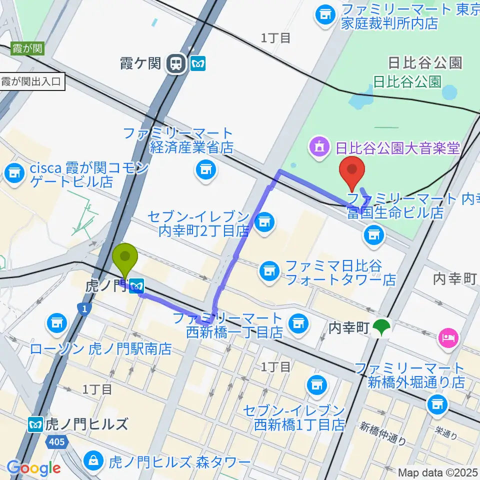 虎ノ門駅から日比谷コンベンションホールへのルートマップ地図