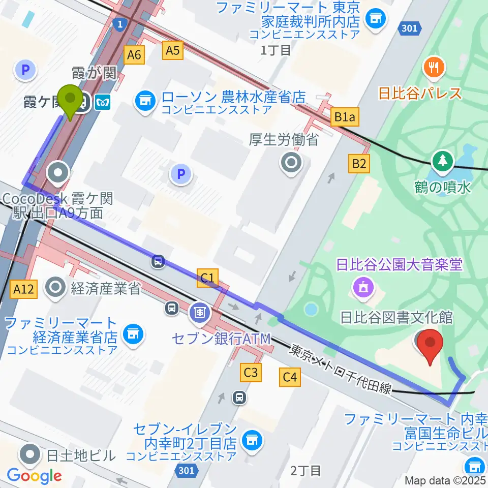 霞ケ関駅から日比谷コンベンションホールへのルートマップ地図