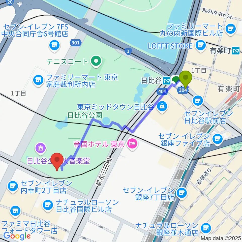 日比谷駅から日比谷コンベンションホールへのルートマップ地図