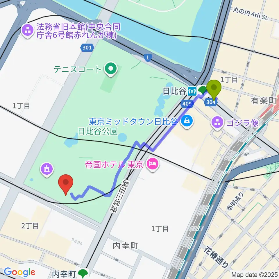 日比谷駅から日比谷コンベンションホールへのルートマップ地図
