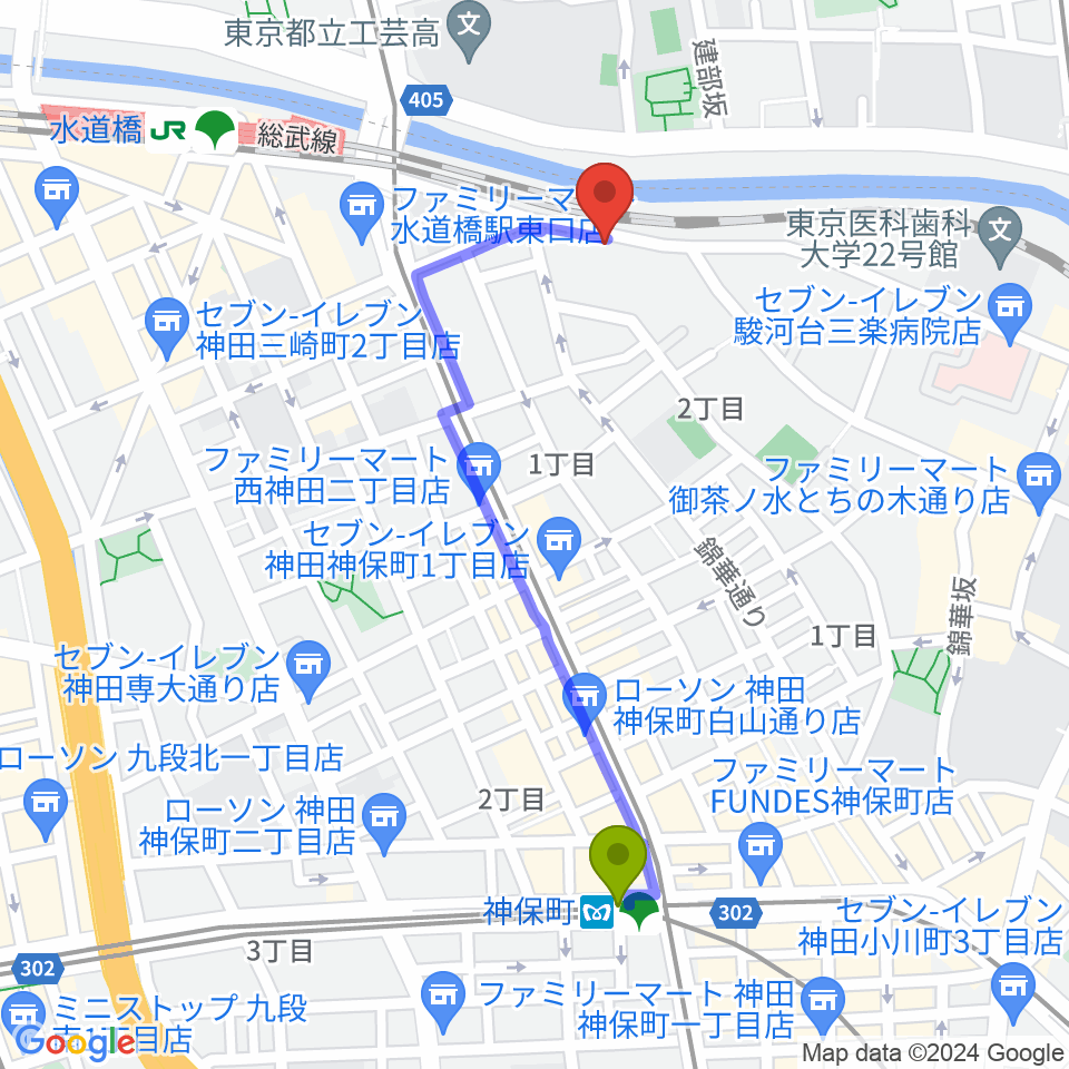 神保町駅から東京倶楽部 水道橋店へのルートマップ地図