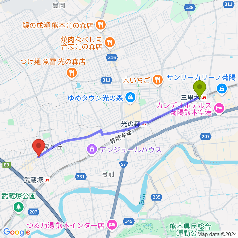 三里木駅から大谷楽器 武蔵ヶ丘教室へのルートマップ地図