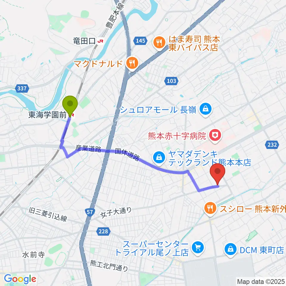 大谷楽器 月出教室の最寄駅東海学園前駅からの徒歩ルート（約36分）地図