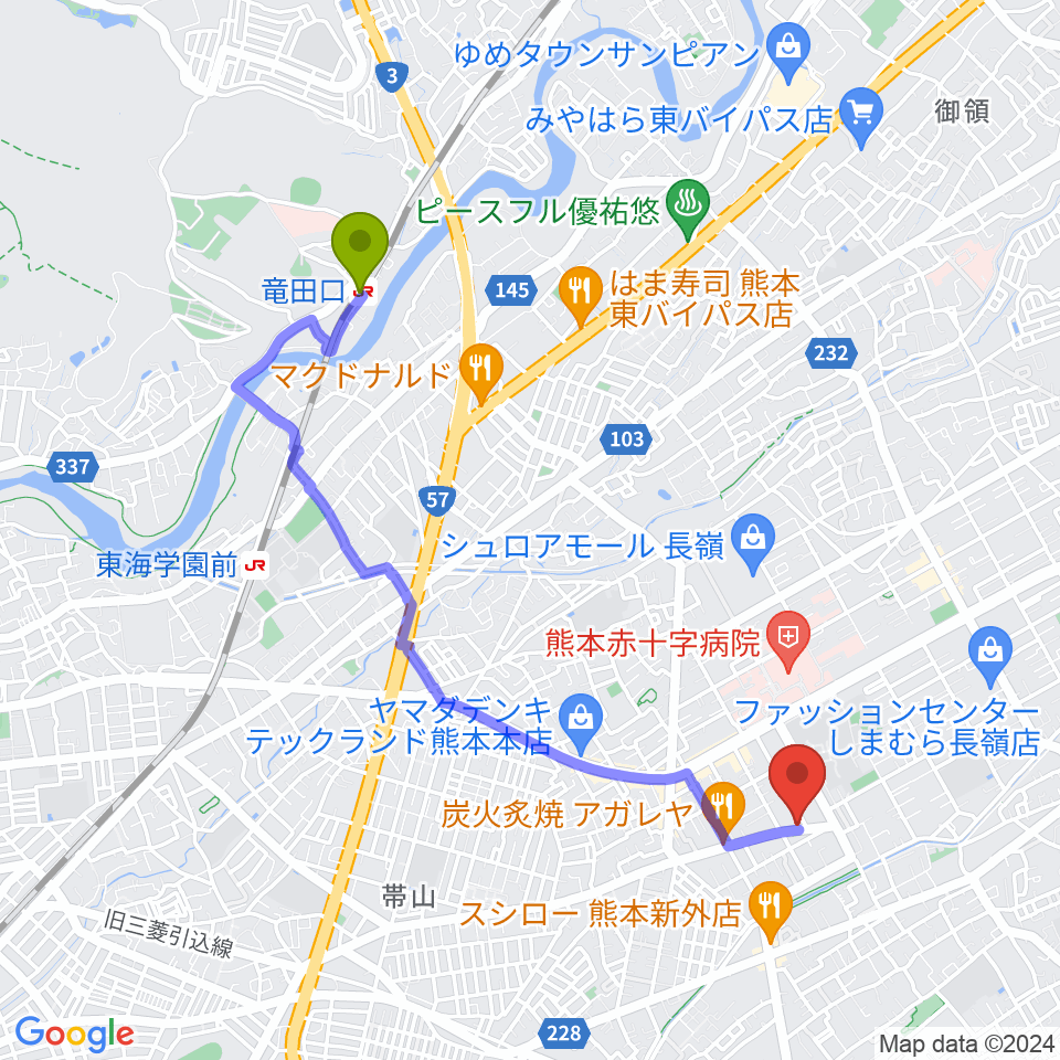 竜田口駅から大谷楽器 月出教室へのルートマップ地図