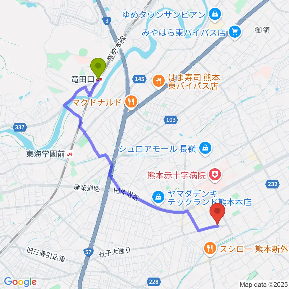 竜田口駅から大谷楽器 月出教室へのルートマップ地図