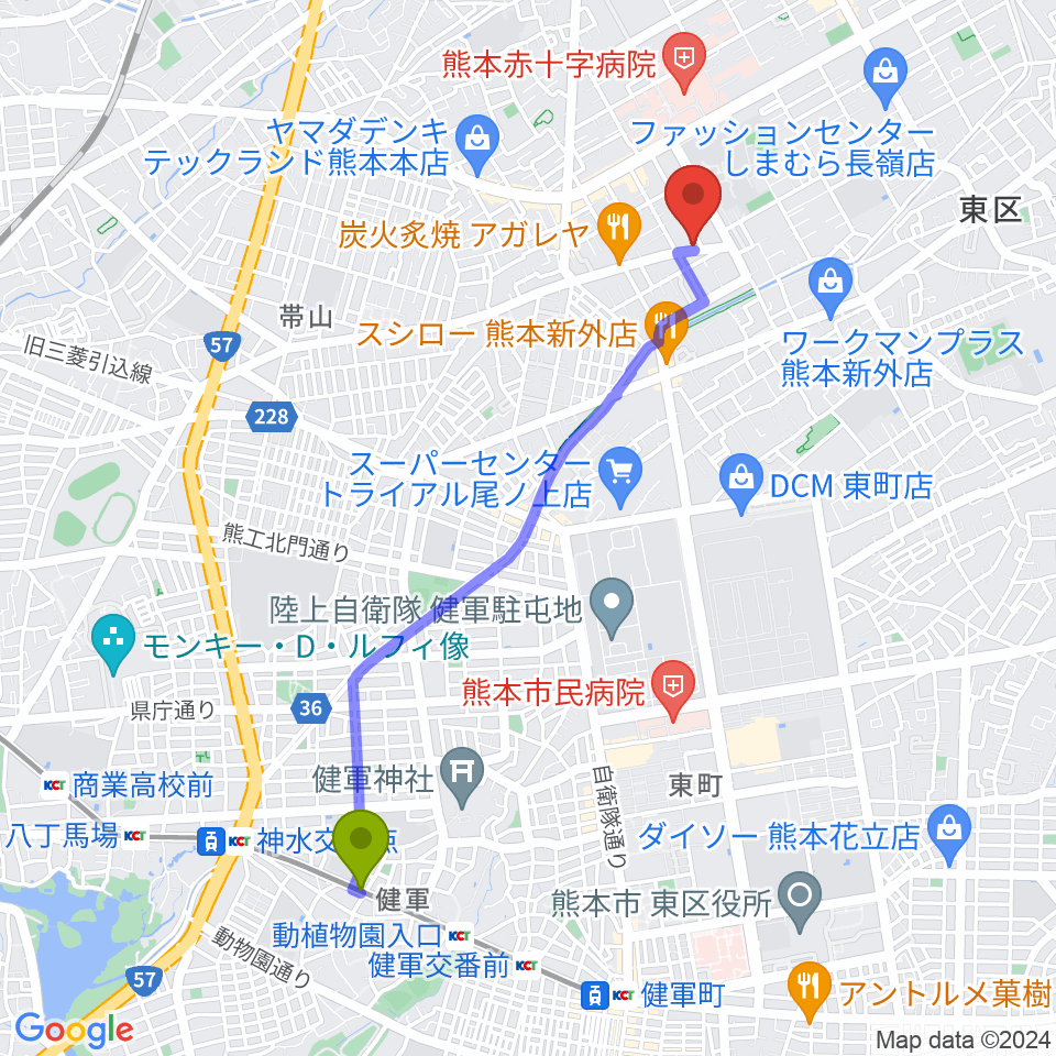 健軍校前駅から大谷楽器 月出教室へのルートマップ地図