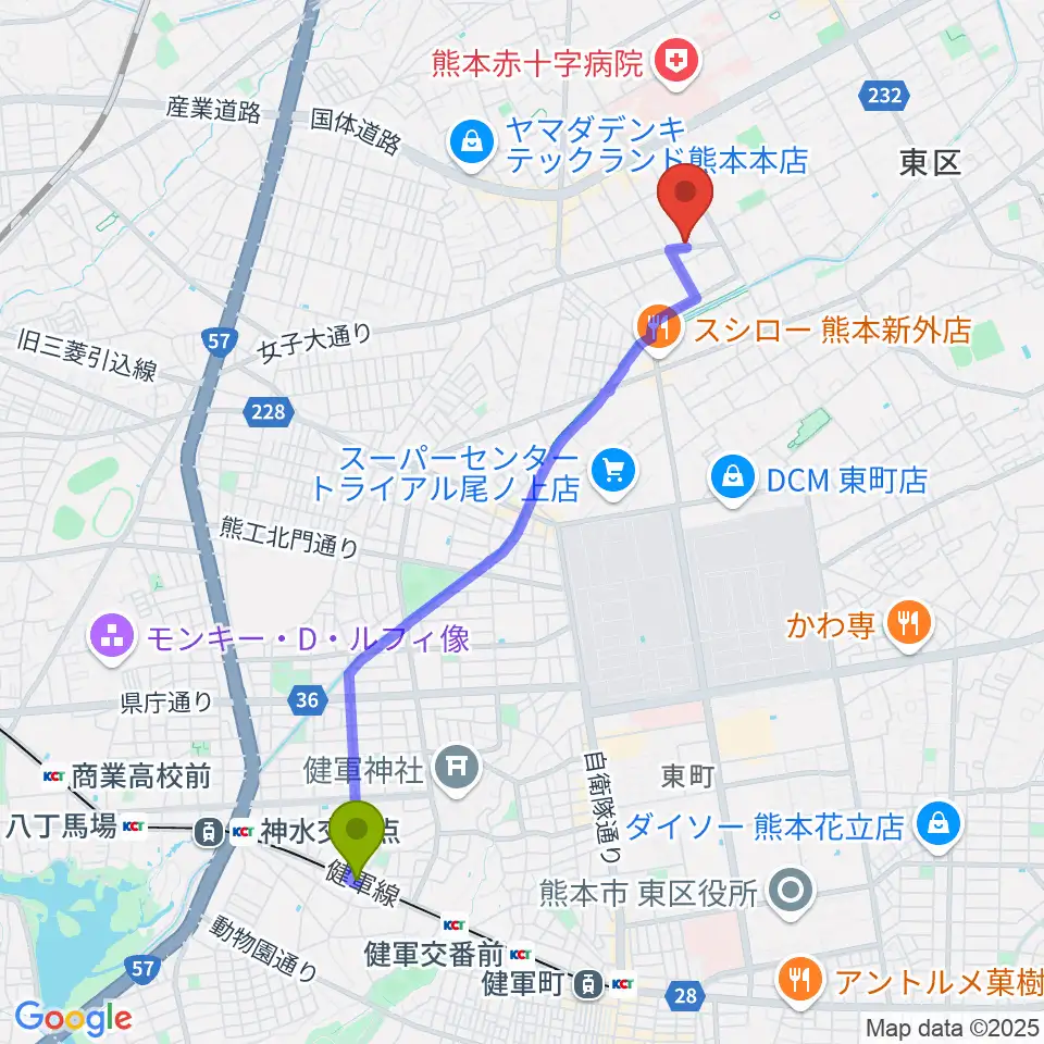 健軍校前駅から大谷楽器 月出教室へのルートマップ地図
