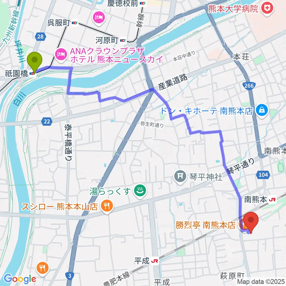 祇園橋駅から大谷楽器 南熊本教室へのルートマップ地図