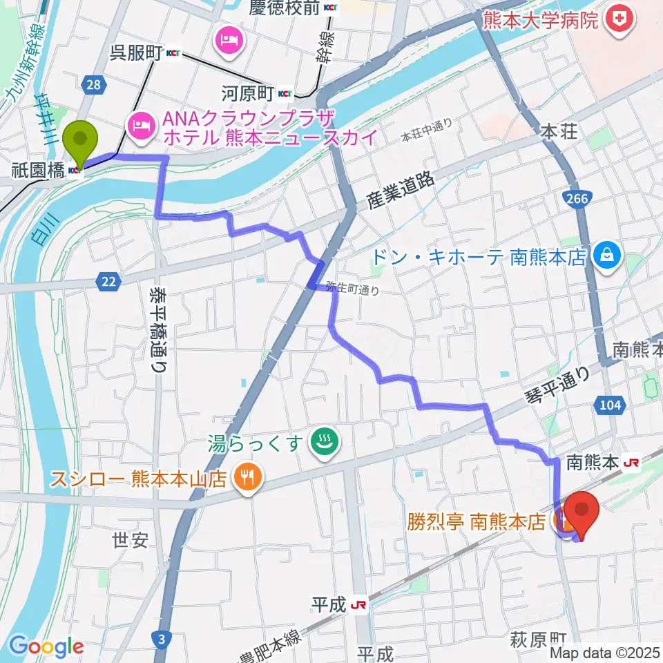 祇園橋駅から大谷楽器 南熊本教室へのルートマップ地図