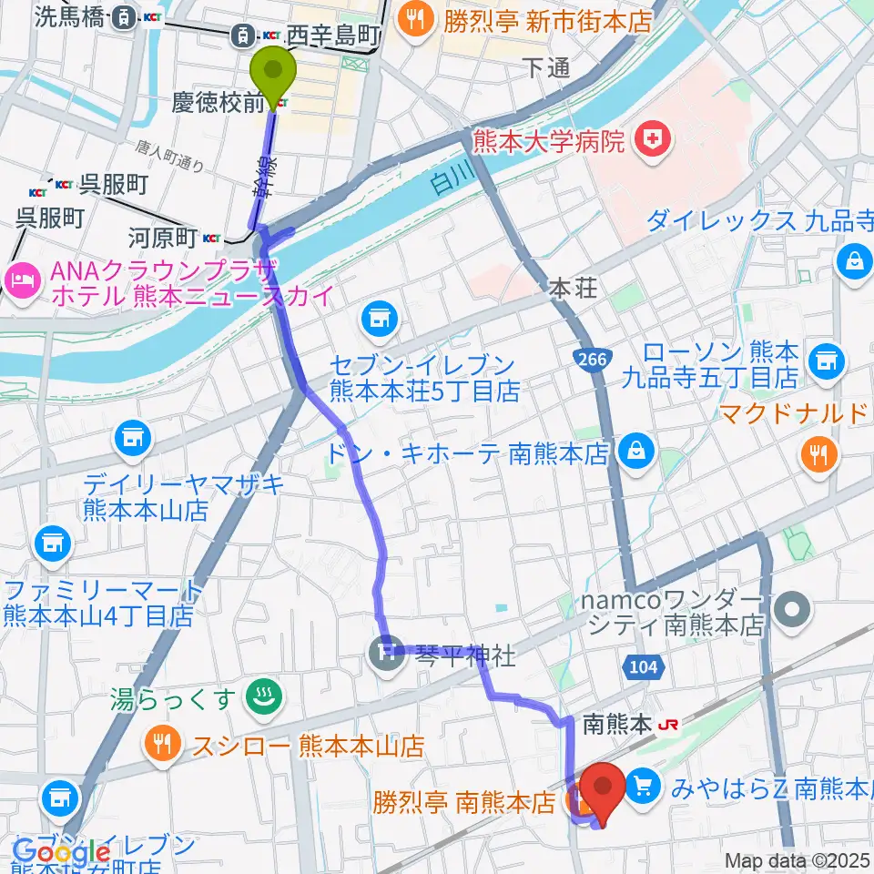 慶徳校前駅から大谷楽器 南熊本教室へのルートマップ地図