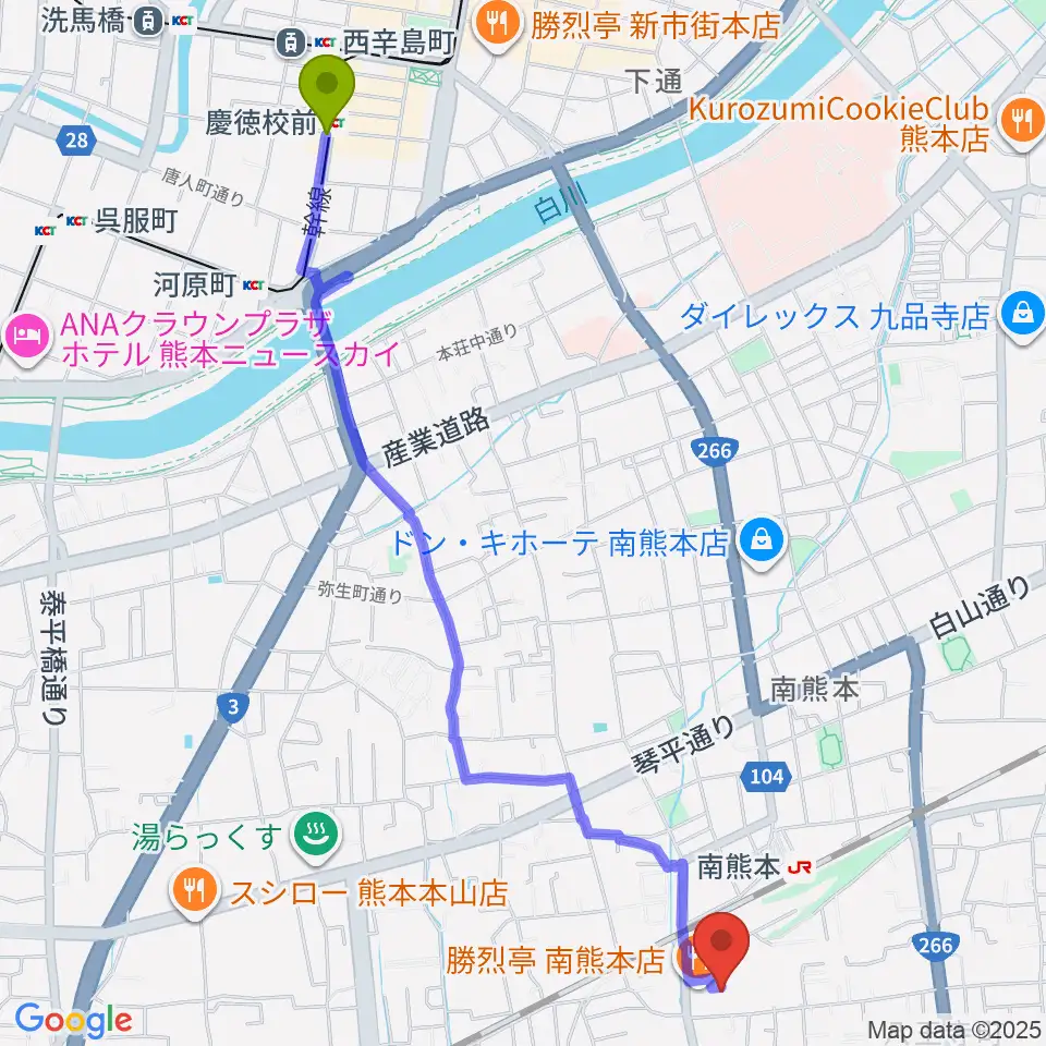 慶徳校前駅から大谷楽器 南熊本教室へのルートマップ地図