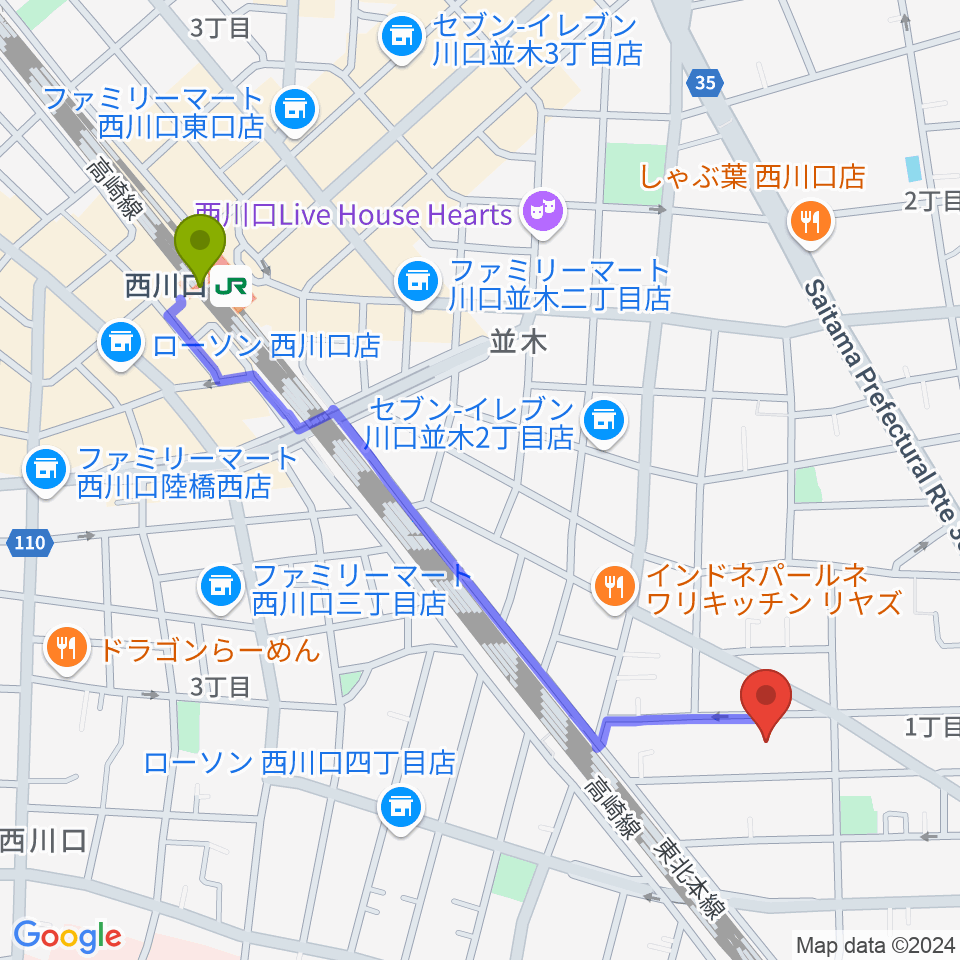 ワゴムスタジオの最寄駅西川口駅からの徒歩ルート（約12分）地図