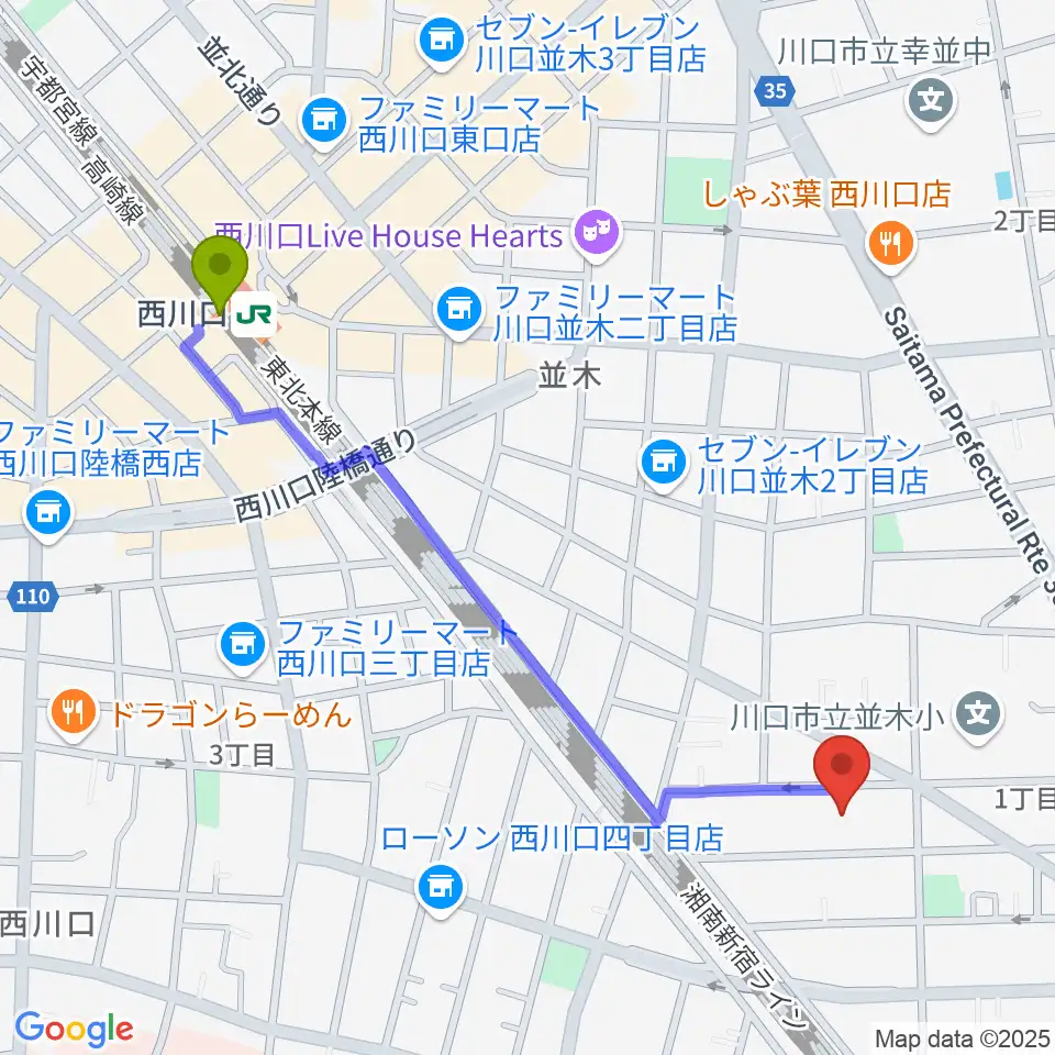 ワゴムスタジオの最寄駅西川口駅からの徒歩ルート（約12分）地図