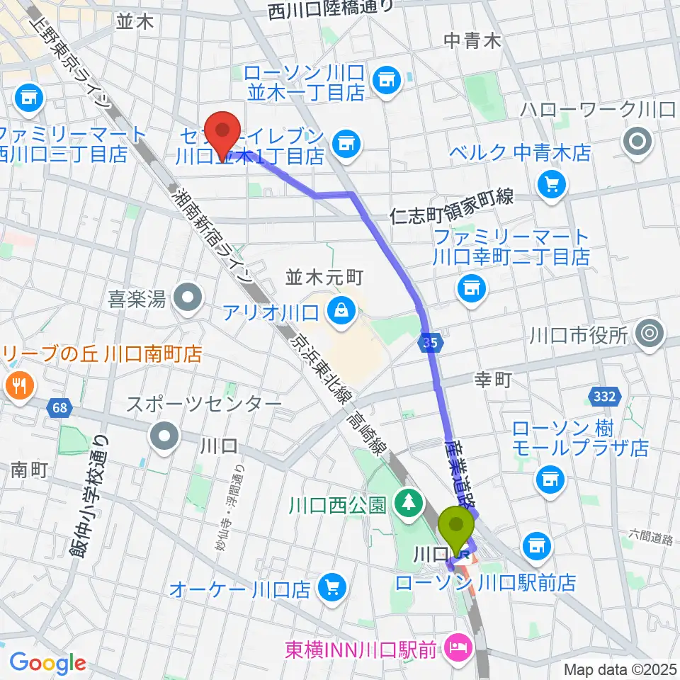 川口駅からワゴムスタジオへのルートマップ地図