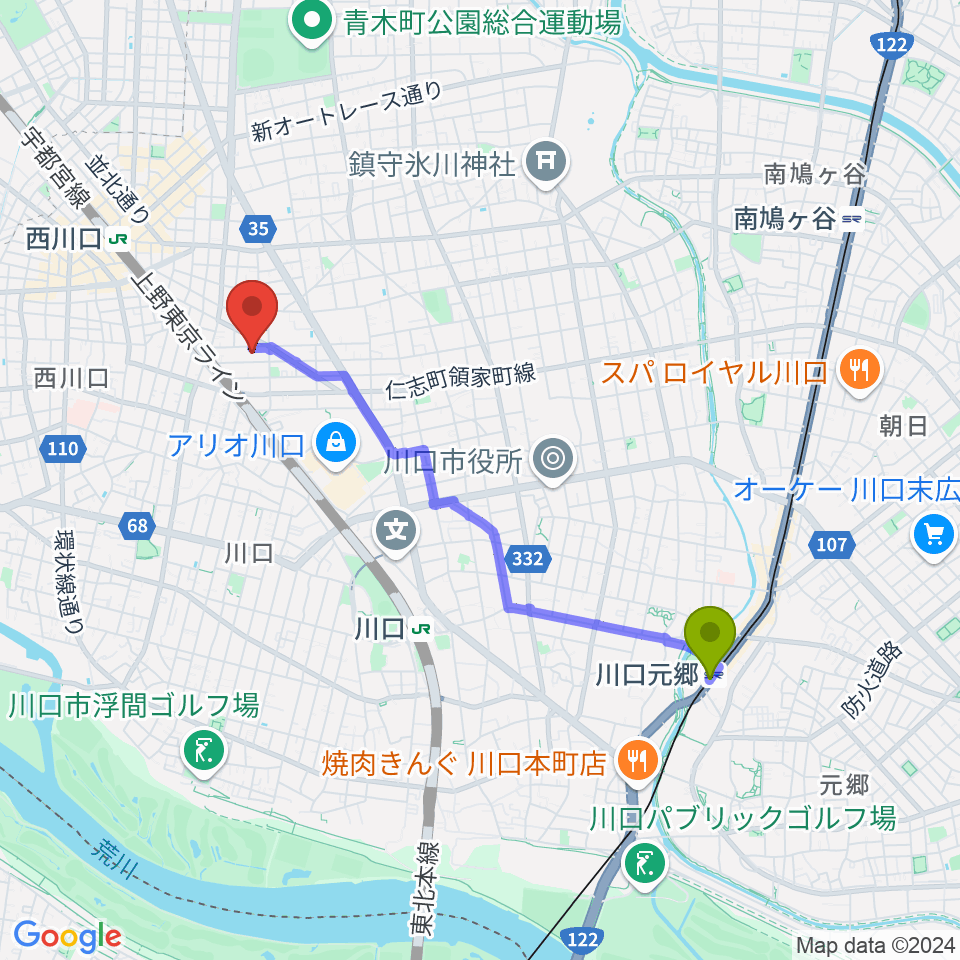 川口元郷駅からワゴムスタジオへのルートマップ地図